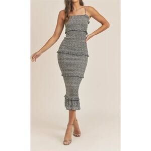 Mable Daphne Smocking Detailed Long Dress Midi Blue Floral Ruffle Women’s